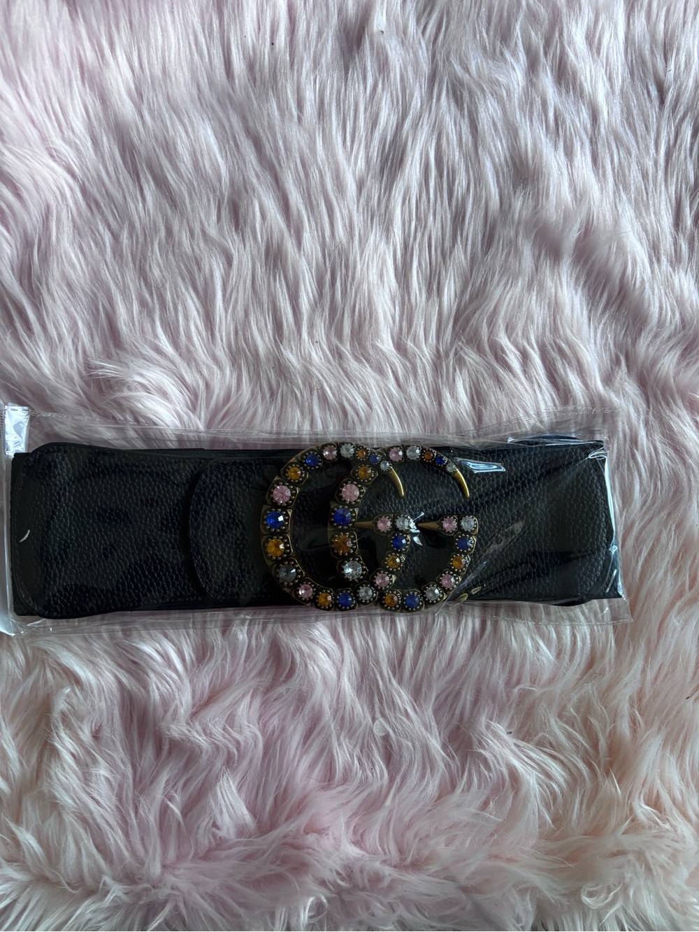 Source Unknown Black Elastic Belt with Multicolored Jeweled Buckle
